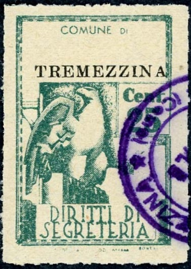 Marca da Bollo del Comune di TREMEZZINA su Carta Bianca di dimensioni 21 X 32 mm