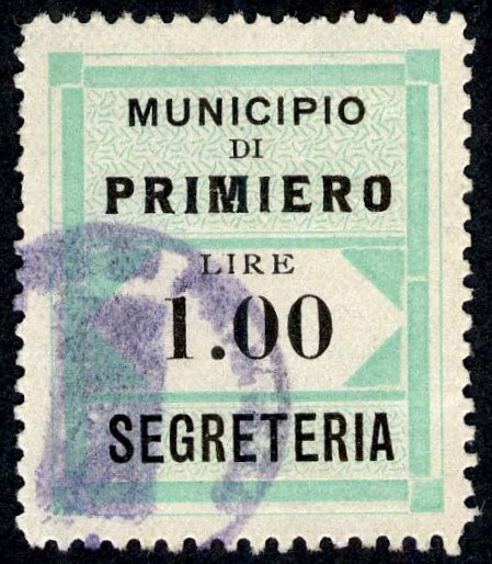 Marca da Bollo del Comune di PRIMIERO SAN MARTINO DI CASTROZZA su Carta Bianca di dimensioni 20 x 20 mm