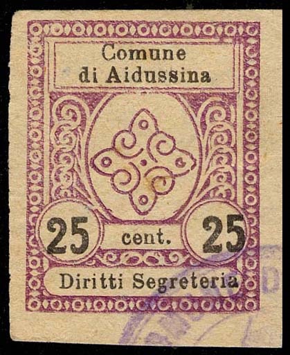 Marca da Bollo del Comune di AIDUSSINA su Carta Bianca di dimensioni 23 x 29 mm