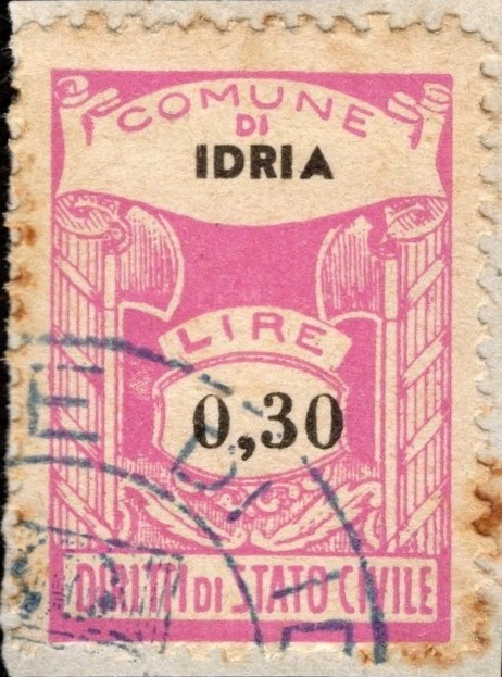 Marca da Bollo del Comune di IDRIA su Carta Bianca di dimensioni 20 x 29 mm