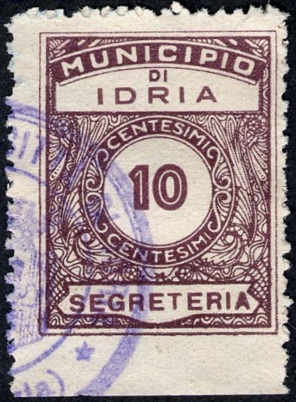Marca da Bollo del Comune di IDRIA su Carta Bianca di dimensioni 22,5 x 29 mm