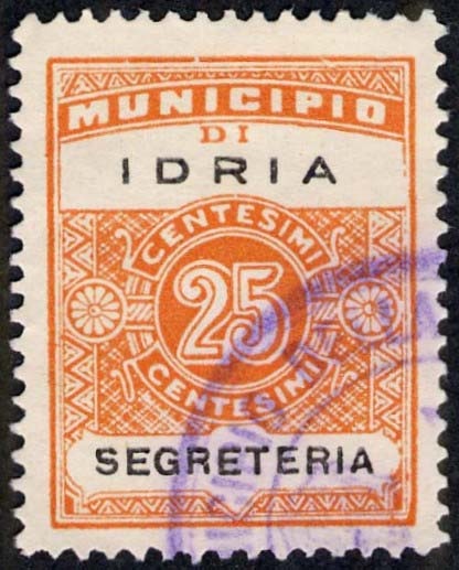 Marca da Bollo del Comune di IDRIA su Carta Bianca di dimensioni 22,5 x 29 mm
