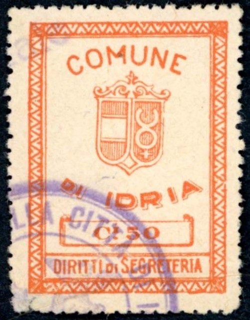 Marca da Bollo del Comune di IDRIA su Carta Bianca di dimensioni 22,5 X 33 mm