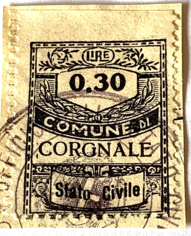 Marca da Bollo del Comune di CORGNALE su Carta Bianca Sottile di dimensioni 23 x 29 mm