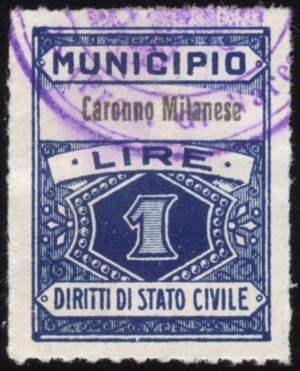 Marca da Bollo del Comune di CARONNO MILANESE (CARONNO) su Carta Bianca di dimensioni 22 x 30 mm