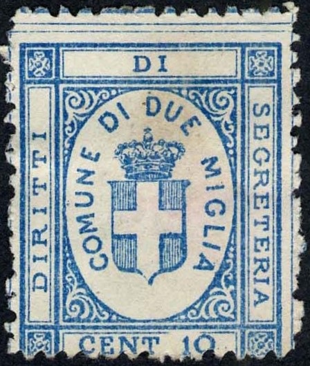 Marca da Bollo del Comune di DUE MIGLIA su Carta Bianca Sottile di dimensioni 24,5 x 30,5 mm