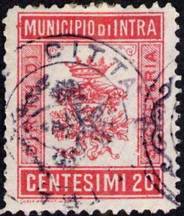 Marca da Bollo del Comune di INTRA su Carta Bianca di dimensioni 20 x 20,5 mm