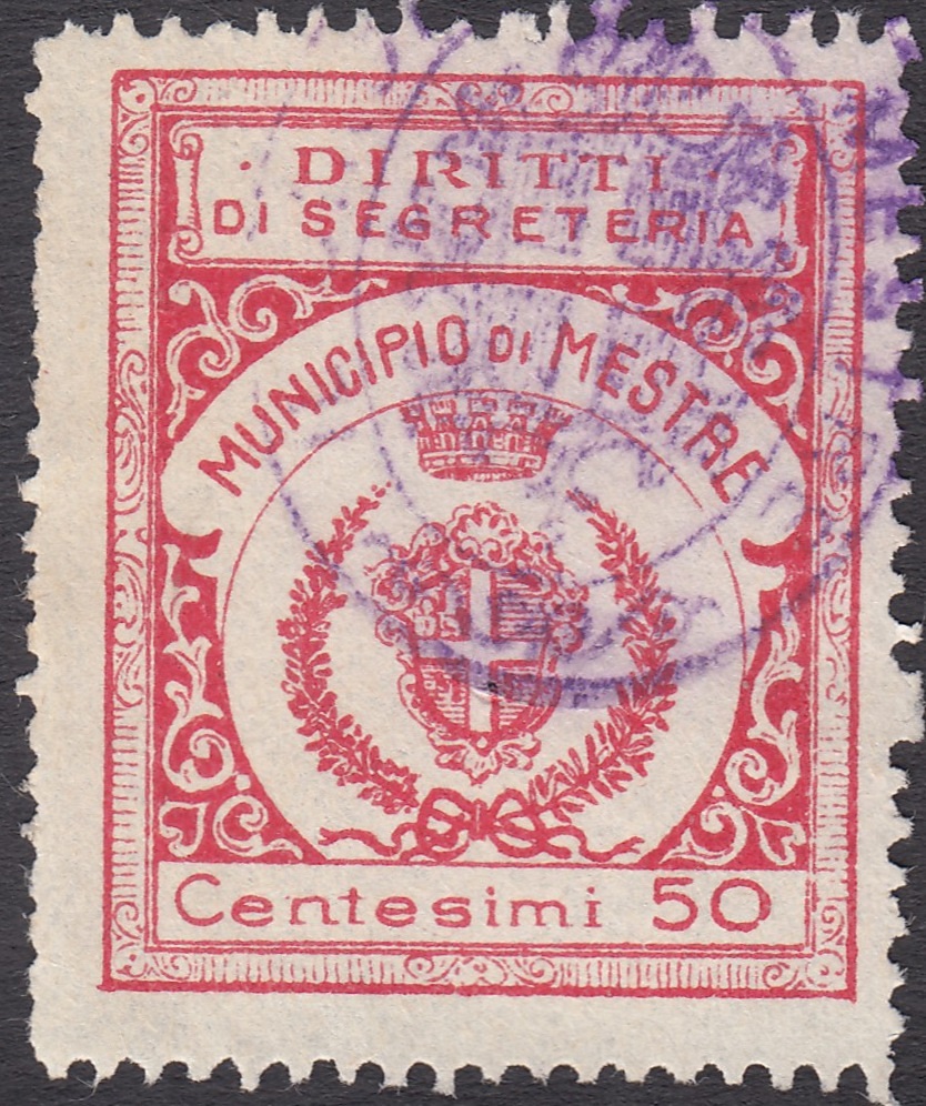 Marca da Bollo del Comune di MESTRE su Carta Bianca Sittile di dimensioni 27 x 33 mm