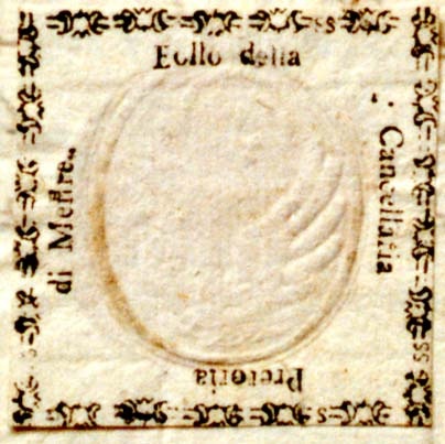Marca da Bollo del Comune di MESTRE su Carta Bianca Sottile di dimensioni 23 x 24 mm