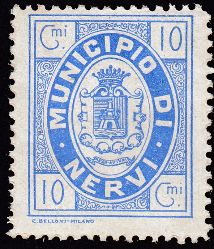 Marca da Bollo del Comune di NERVI GENOVA su Carta Bianca di dimensioni 22 x 27,5 mm