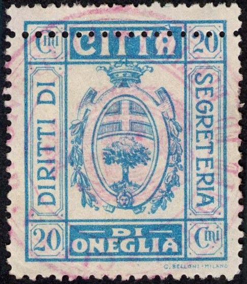 Marca da Bollo del Comune di ONEGLIA su Carta Bianca di dimensioni 27 x 33 mm