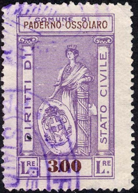 Marca da Bollo del Comune di PADERNO OSSOLARO su Carta Bianca Sottile di dimensioni 122 x 37 mm