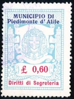 Marca da Bollo del Comune di PIEDIMONTE D´ALIFE su Carta Bianca di dimensioni 22,5 x 29 mm