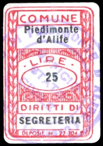 Marca da Bollo del Comune di PIEDIMONTE D´ALIFE su Carta Bianca di dimensioni 20 x 30 mm