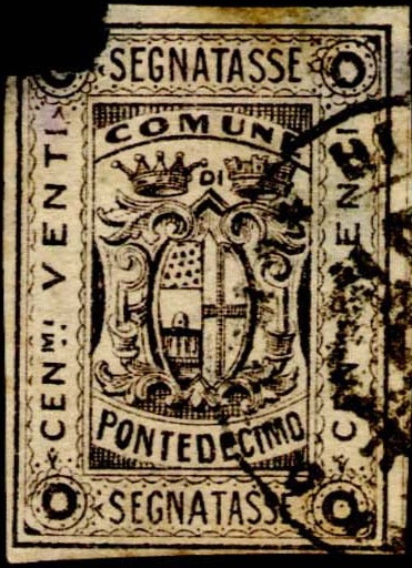 Marca da Bollo del Comune di PONTEDECIMO su Carta Bianca di dimensioni 23,5 x 33 mm