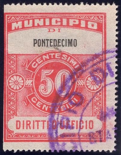 Marca da Bollo del Comune di PONTEDECIMO su Carta Bianca di dimensioni 22,5 x 29 mm