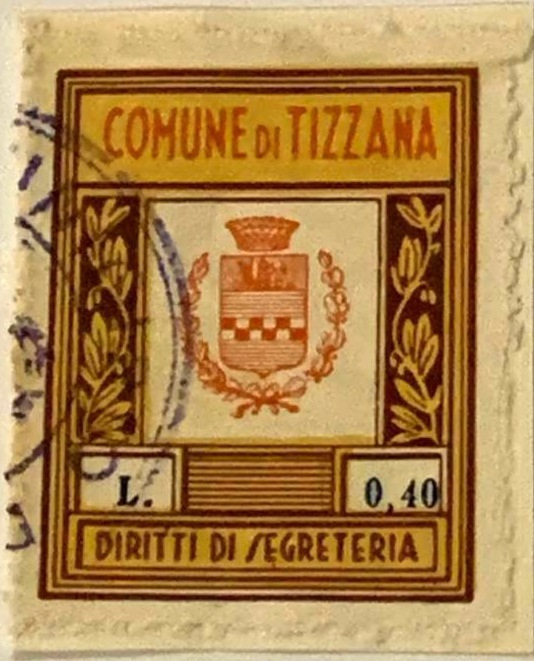 Marca da Bollo del Comune di TIZZANA su Carta Bianca di dimensioni 23 X 30,5 mm