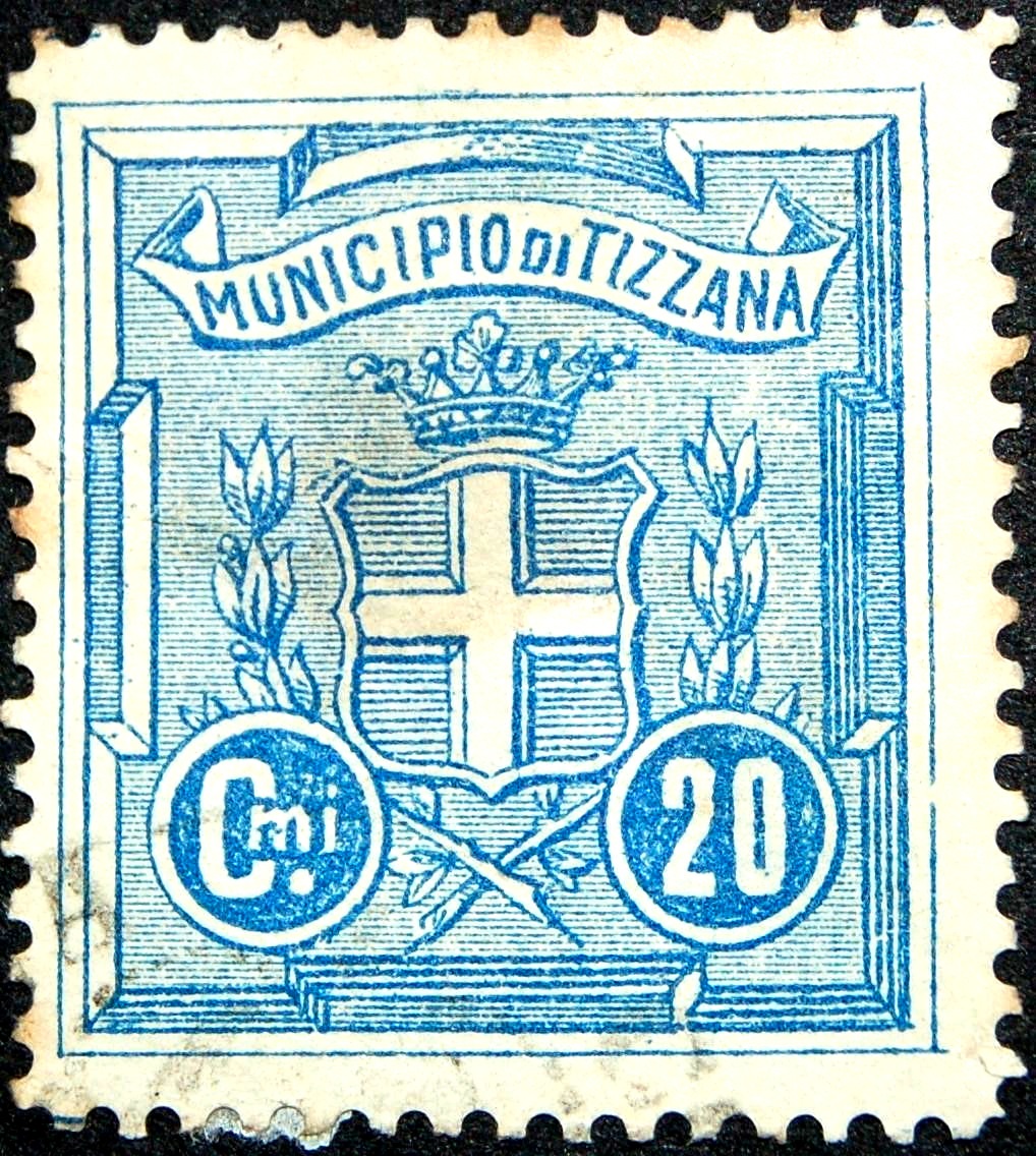 Marca da Bollo del Comune di TIZZANA su Carta Bianca di dimensioni 23,5 x 25,5 mm