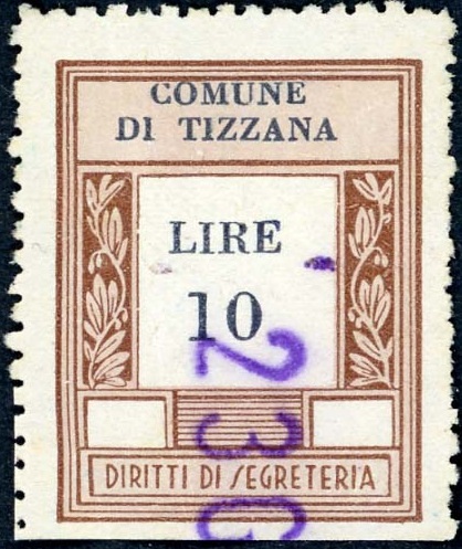 Marca da Bollo del Comune di TIZZANA su Carta Bianca di dimensioni 23 X 30 mm