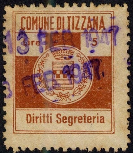 Marca da Bollo del Comune di TIZZANA su Carta Bianca Sottile di dimensioni 18 x 22 mm