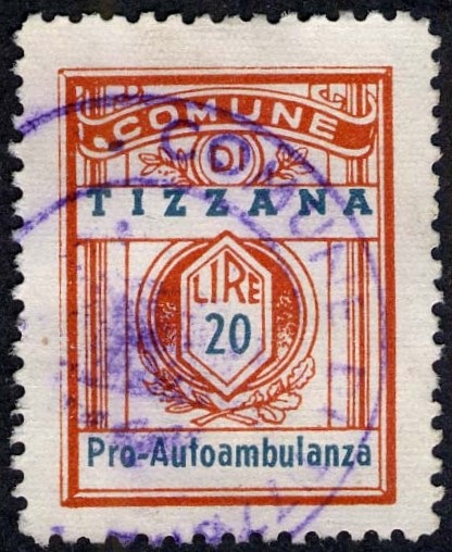 Marca da Bollo del Comune di TIZZANA su Carta Bianca di dimensioni 21,5 x 28,5 mm