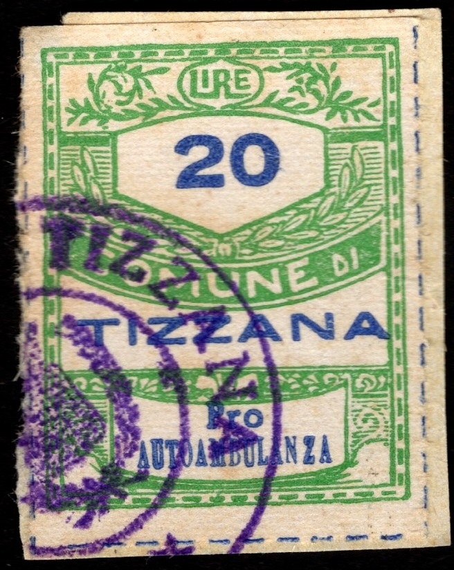 Marca da Bollo del Comune di TIZZANA su Carta Bianca di dimensioni 21,5 x 28,5 mm