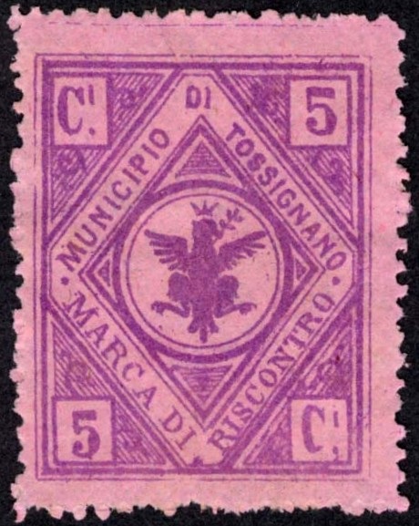 Marca da Bollo del Comune di TOSSIGNANO su Carta Bianca di dimensioni 24,5 x 31 mm