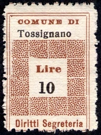 Marca da Bollo del Comune di TOSSIGNANO su Carta Bianca di dimensioni 19,5 x 28,5 mm