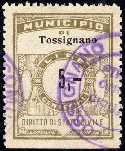 Marca da Bollo del Comune di TOSSIGNANO su Carta Bianca di dimensioni 24 x 30 mm