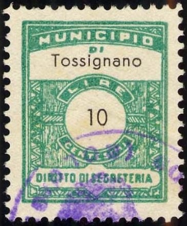 Marca da Bollo del Comune di TOSSIGNANO su Carta Bianca di dimensioni 20 x 24 mm