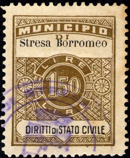 Marca da Bollo del Comune di STRESA BORROMEO su Carta Bianca Sottile di dimensioni 22 x 29 mm