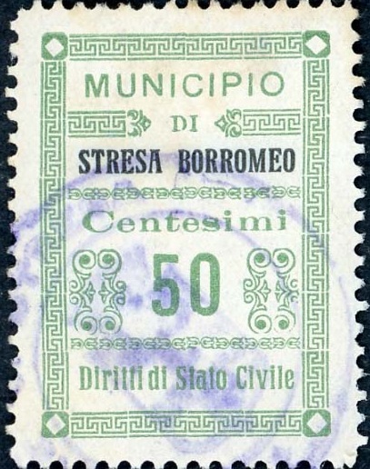 Marca da Bollo del Comune di STRESA BORROMEO su Carta Bianca di dimensioni 22 x 31 mm