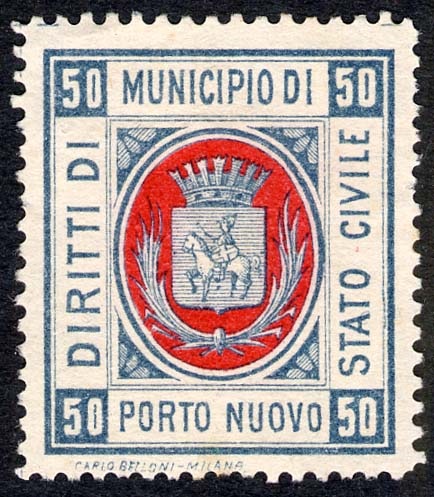 Marca da Bollo del Comune di PORTO NUOVO su Carta Bianca di dimensioni 24,5 x 29,5 mm