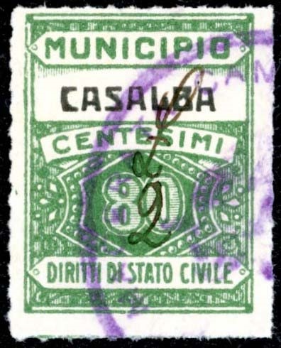 Marca da Bollo del Comune di CASALBA su Carta Bianca di dimensioni 22,5 x 29 mm