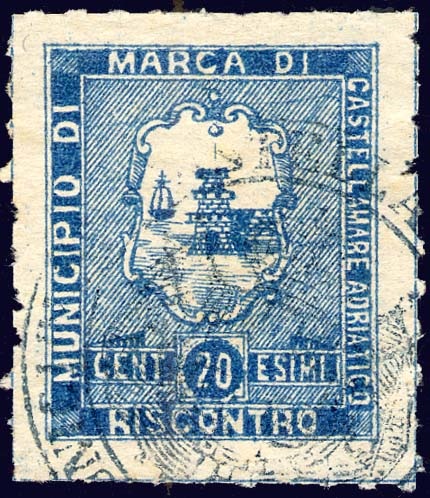 Marca da Bollo del Comune di CASTELLAMMARE ADRIATICO su Carta Bianca di dimensioni 23,5 x 28 mm