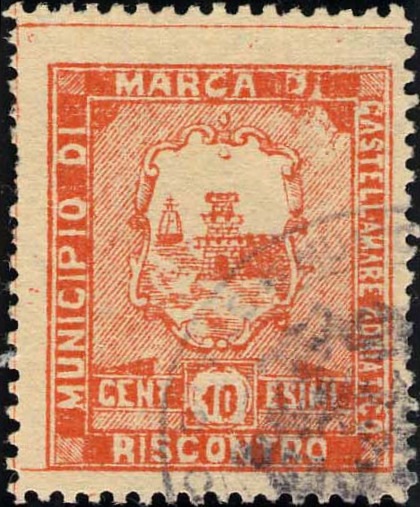 Marca da Bollo del Comune di CASTELLAMMARE ADRIATICO su Carta Bianca di dimensioni 23,5 x 28 mm