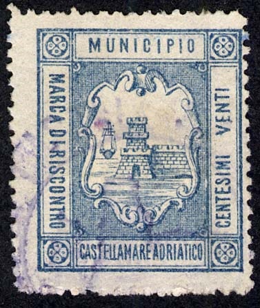 Marca da Bollo del Comune di CASTELLAMMARE ADRIATICO su Carta Bianca Sottile di dimensioni 20,5 x 24,5 mm