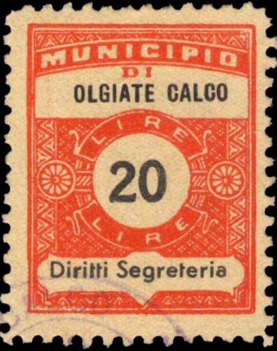 Marca da Bollo del Comune di OLGIATE CALCO su Carta Bianca di dimensioni 22,5 x 29 mm