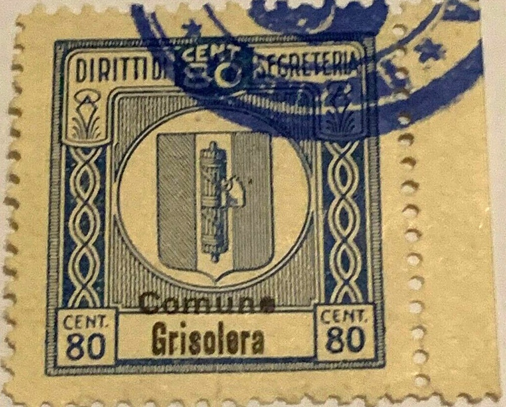 Marca da Bollo del Comune di GRISOLERA su Carta Bianca Sottile di dimensioni 25 x 28 mm