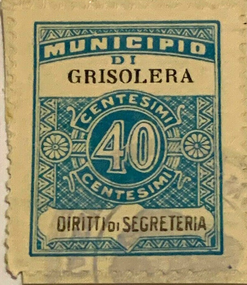 Marca da Bollo del Comune di GRISOLERA su Carta Bianca Sottile di dimensioni 23,5 X 30,5 mm