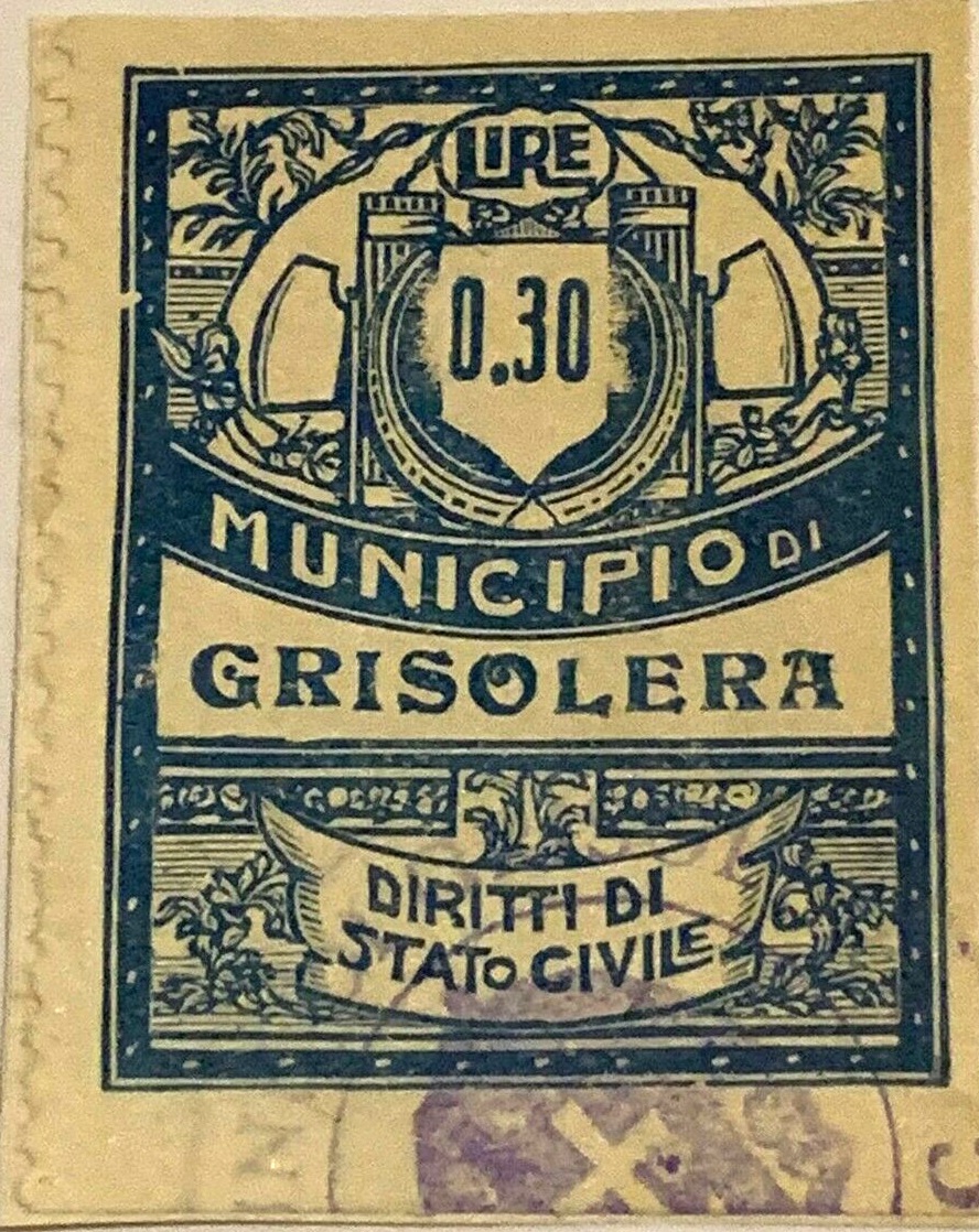 Marca da Bollo del Comune di GRISOLERA su Carta Bianca di dimensioni 23,5 X 38 mm