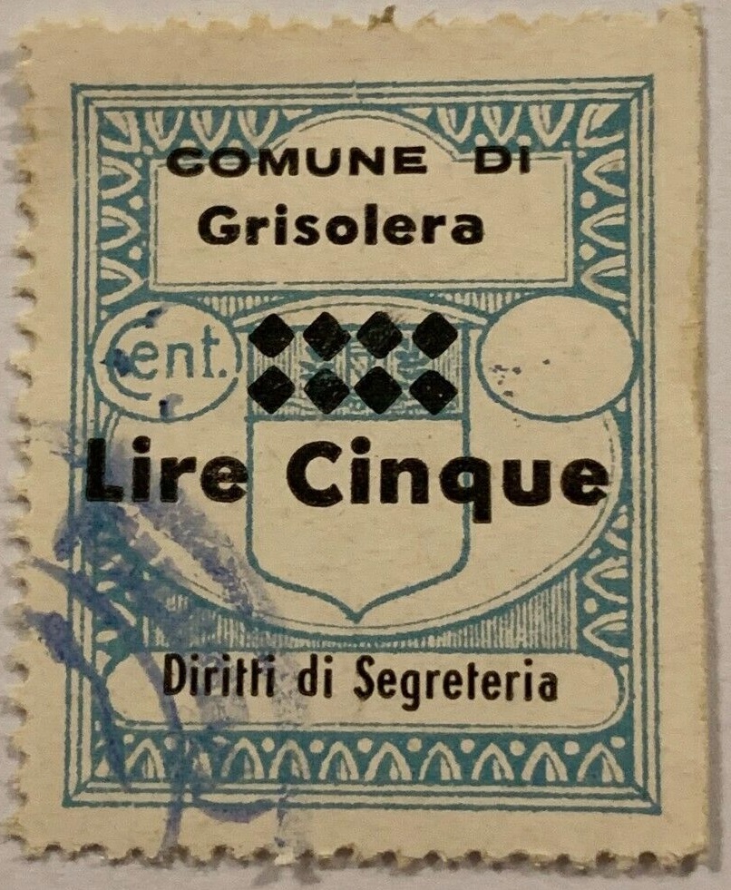 Marca da Bollo del Comune di GRISOLERA su Carta Bianca Sottile di dimensioni 25 x 28 mm