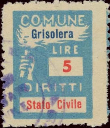 Marca da Bollo del Comune di GRISOLERA su Carta Bianca Sottile di dimensioni 18,5 x 26 mm