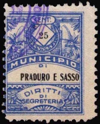 Marca da Bollo del Comune di PRADURO E SASSO su Carta Bianca di dimensioni 22,5 x 29 mm