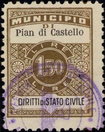 Marca da Bollo del Comune di PIAN DI CASTELLO su di dimensioni 22,5 x 29 mm