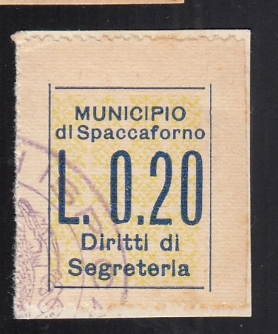 Marca da Bollo del Comune di SPACCAFORNO su Carta Bianca di dimensioni 22 x 24 mm