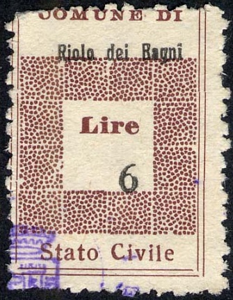 Marca da Bollo del Comune di RIOLO DEI BAGNI su Carta Bianca di dimensioni 19,5 x 28,5 mm