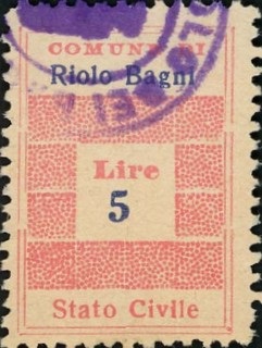 Marca da Bollo del Comune di RIOLO DEI BAGNI su Carta Bianca di dimensioni 19,5 x 28,5 mm