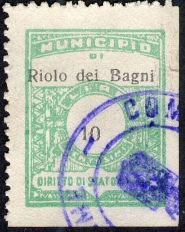 Marca da Bollo del Comune di RIOLO DEI BAGNI su Carta Bianca Sottile di dimensioni 23 x 29 mm