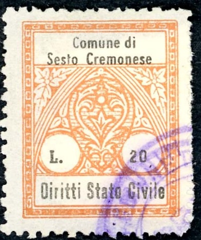 Marca da Bollo del Comune di SESTO CREMONESE su Carta Bianca di dimensioni 22,5 x 29 mm